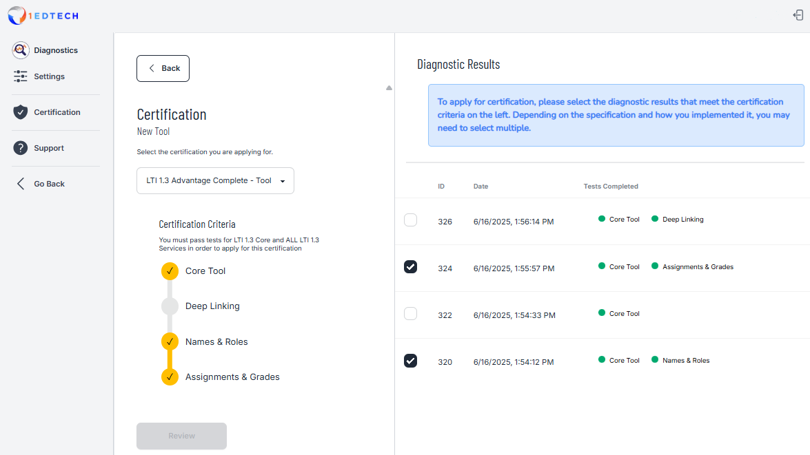 Screenshot of Certification page showing diagnostic results.